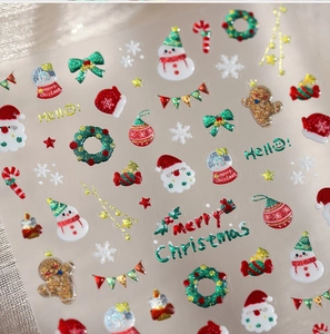 Close-up of 3D Christmas nail stickers with Santa Claus, snowmen and glitter details