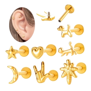 Titanium Alloy Heart Star Moon Dog Hand Gesture Ear Cartilage Piercing Studs Flat Back Internally Threaded Labret Jewelry