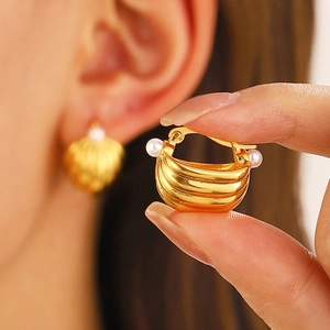French style gold basket earrings with ribbed texture and elegant white pearls for women