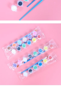 Detail view of 12-color acrylic paint set with brush in individual transparent packaging