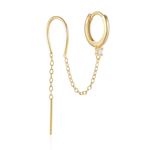 Close-up of S925 sterling silver gold earring with tassel chain and zircon detail