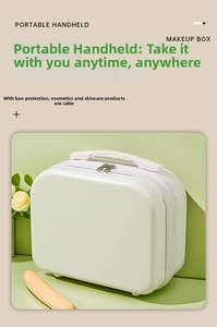 Detail of light green 14 inch portable makeup box with sturdy white handle and dual zippers