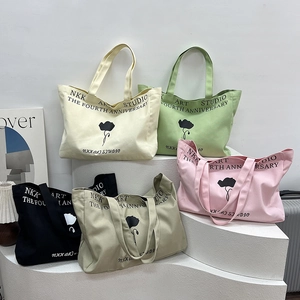 Large Capacity Canvas Tote Bag Women Shoulder Handbag Simple Floral Letter Print Trendy Daily Versatile Shopper