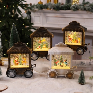 Retro Christmas Cart Lantern With LED Light And Musical Swirling Snow Glitter Resin Santa Snowman Desktop Ornament