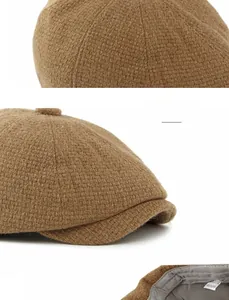 Detail view of the caramel wool blend fabric and adjustable brim of the newsboy cap