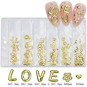 Detailed dimensions of metal LOVE letters, rose, and heart charms for nail art design