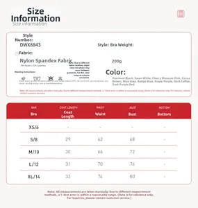 Detailed size chart for high-impact sports bra showing measurements and fabric composition