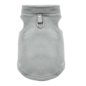Detail of light gray fleece pet vest with metal D-ring and durable leather buckle