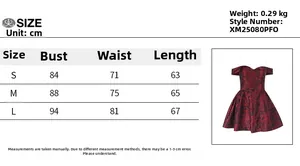 Size guide for off-shoulder backless mini dress with chest, waist, and length measurements