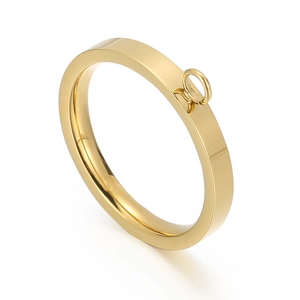 Bague en acier inoxydable doré poli avec petit anneau de suspension sur fond blanc