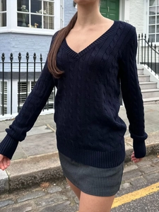 Women's V-neck long sleeve cable knit sweater in dark blue for casual autumn wear