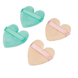 Set of 4 heart-shaped flocked makeup puffs in mint green and nude pink colors