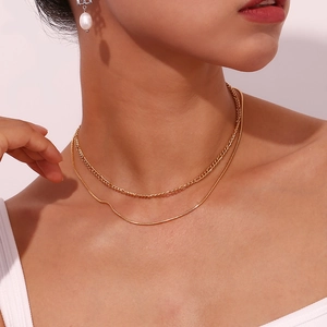 Double layered 18K gold plated necklace with figaro and snake chain for women