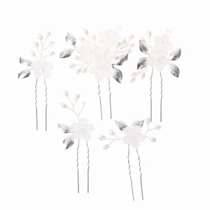 Vijfdelige bruidshaarspeldset met witte bloemen, zilveren bladeren en parels