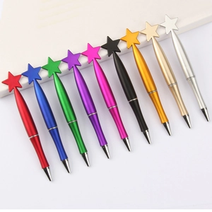 Set of 10 metallic star-topped ballpoint pens in vibrant assorted colors on white background