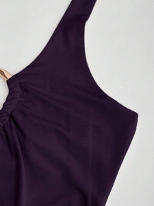 Slim fit deep purple halter top with gold metal ring detail and knit texture