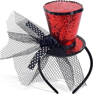 Detail of red sequined witch hat headband with black rose and polka dot ribbon