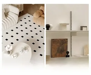 Detail view of French cream style living room carpet with black square patterns