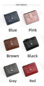 Slim multi-slot card holders in six colors with snap closure and top zipper detail