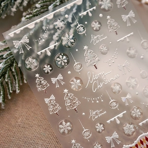 5D embossed snowflake Christmas nail stickers with festive white winter holiday designs