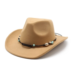 Close-up of khaki cowboy hat with black braided rope, turquoise beads and shell detail