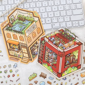 3D miniature DIY sticker set featuring coffee shop and garden scenes for journaling