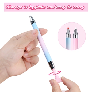 Detailed view of dual-ended nail dotting pen with rotating wax tip and blue-pink gradient body