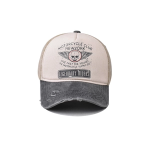 Distressed cotton trucker hat with skull print and motorcycle club embroidery detail