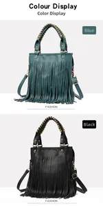 Detailed close-up of rivet-studded woven handles and long tassels on crossbody bags