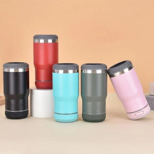 14oz insulated tumbler with Bluetooth speaker, available in black, red, blue, and pink