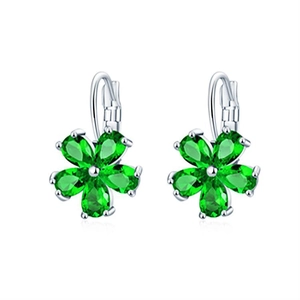 Silver flower lever-back earrings with vibrant green water-drop stones for women