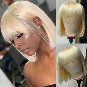 Short blonde bob wig with bangs 613 platinum blonde straight hair for women