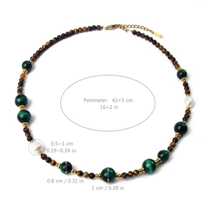 Tiger eye and malachite beaded necklace with pearls and gold extension chain