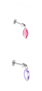Close-up of pink and purple marquise zircon labret studs with stainless steel flat back