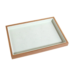 Rectangular rosewood grain jewelry display tray with soft beige velvet liner for rings