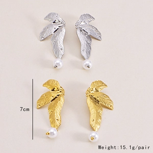 Irregular leaf earrings in silver and gold finish featuring white pearl accents and size data