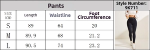 Size chart table for sports yoga leggings showing waist and length measurements