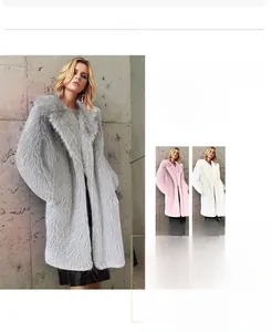 Detail view of long faux fur coat showcasing plush texture and wide lapels in multiple colors