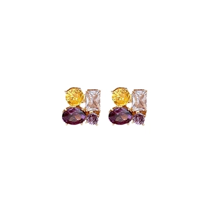 Elegant gold oval earrings with multicolor zircon gemstones in a geometric cluster design