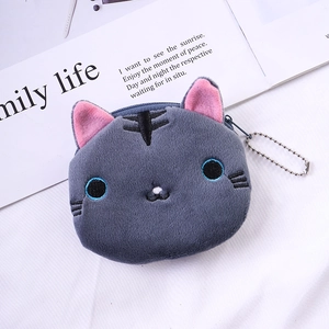 Cute gray plush cat coin purse with blue embroidered eyes and metal keychain strap