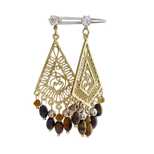 Ethnic gold hollow rhombus drop earrings with tiger eye beads and tassel details
