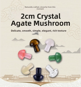 Detailed view of 2cm mini mushroom ornaments made from various natural crystals and agates