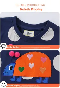 Détail de robe en coton bleu marine à pois blancs avec broderie de coccinelle mignonne