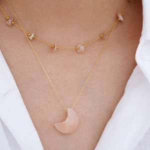 Bohemian sunstone pendant necklace set with pink crystal moon charm in 14K gold finish