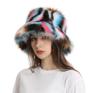 Close-up of colorful faux fur bucket hat featuring fluffy long-hair plush material