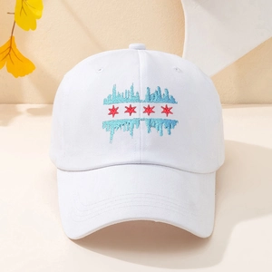 White baseball cap featuring blue city skyline and red star embroidery on front