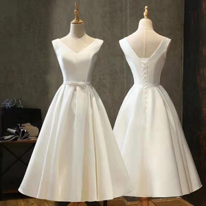 Satin Wedding Dress V-Neck Sleeveless A-Line Lace-Up Back Elegant Evening Bridal Gown For Women Ivory White