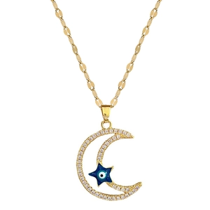 Gold star and moon necklace with sparkling crystals and blue evil eye pendant detail