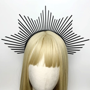 Gothic black spiked halo crown headband for women with a minimalist radiating zip tie design