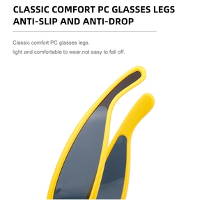 Detail of yellow PC sunglasses temple with anti-slip and lightweight design features